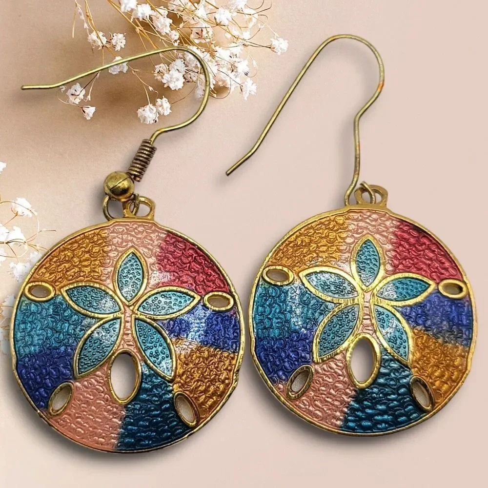 Vintage Cloisonne Hand Painted Enamel Brass Earrings Pierced Dangle Sand Dollars